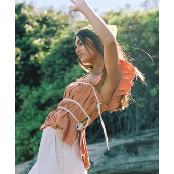 Free People Tops - NWT Free People Claude Corset Top Smocked Flutter Sleeve Side Tie Terra Orange S